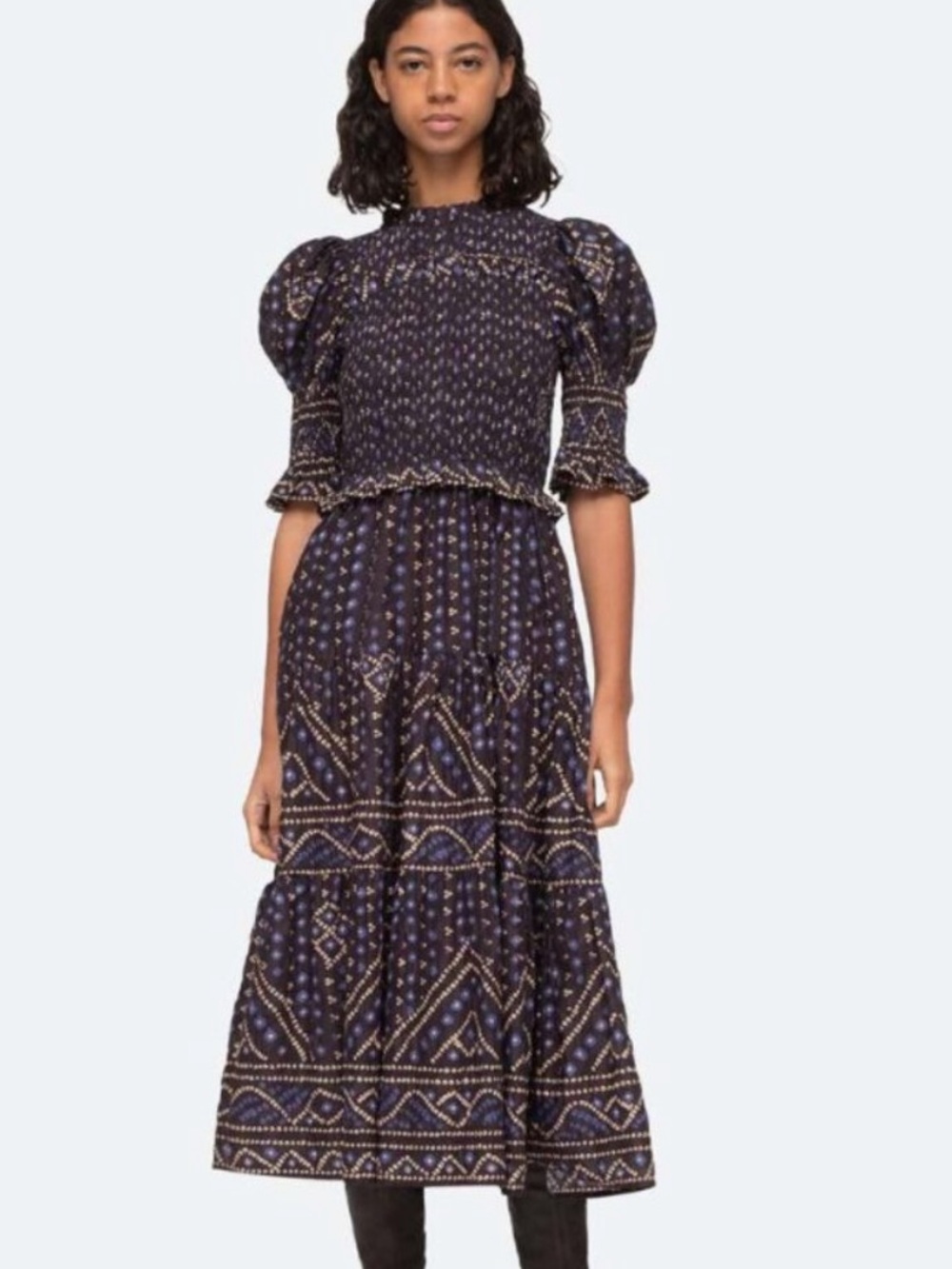 Sea New York Delphine Pucker Cotton Smocked Puff Sleeve Dress M